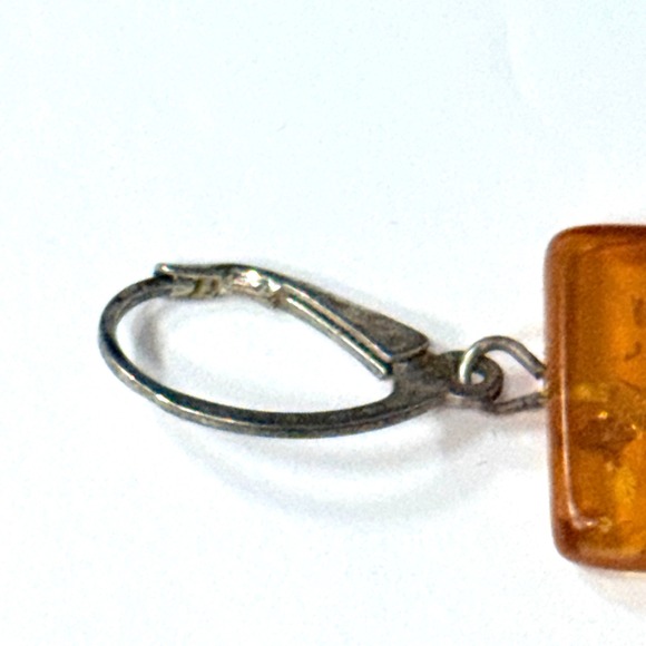 Vintage Natural Amber Square Dangle Earrings Leverback Silver Gemstone Jewelry - Picture 12 of 16